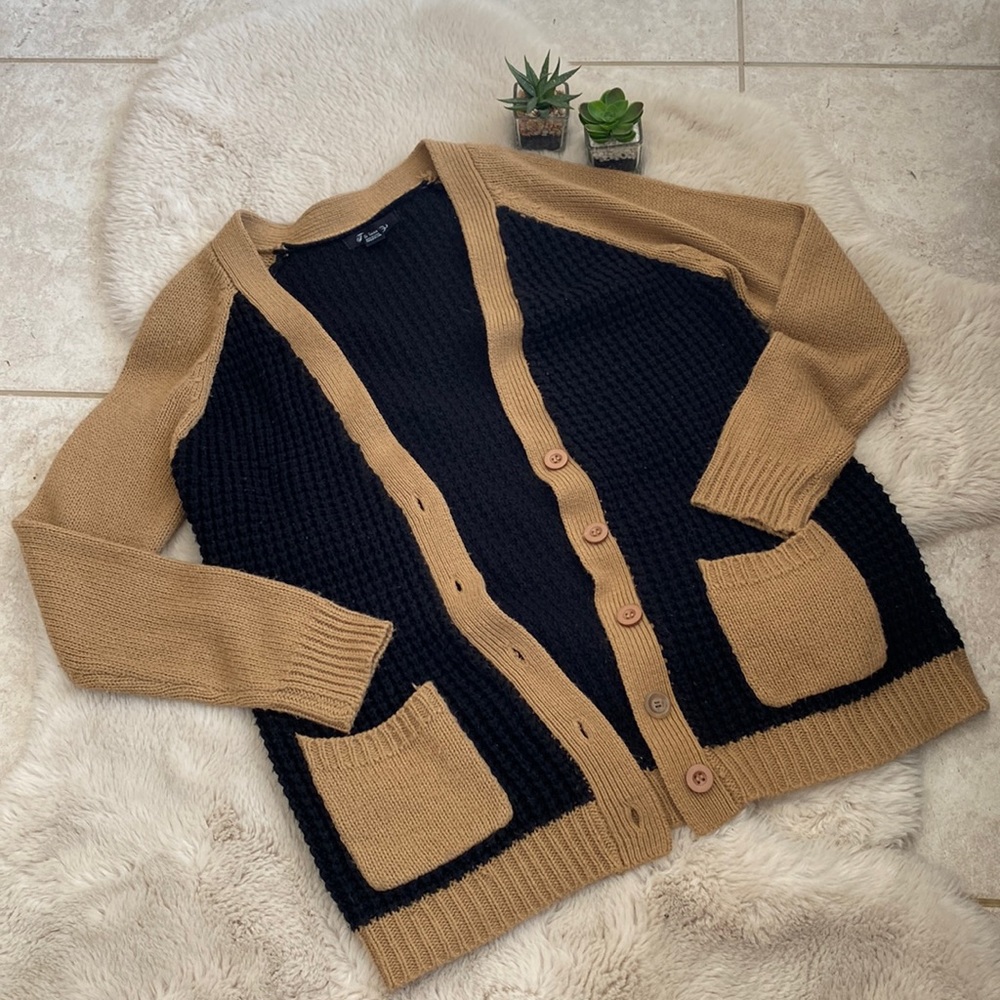 Forever 21 Cardigan Black Tan Buttons Pockets Size Small